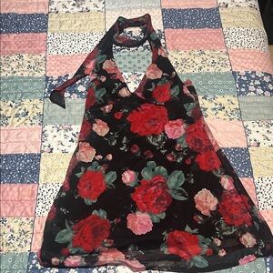 Black Floral Halter Dress with Red & Pink Roses